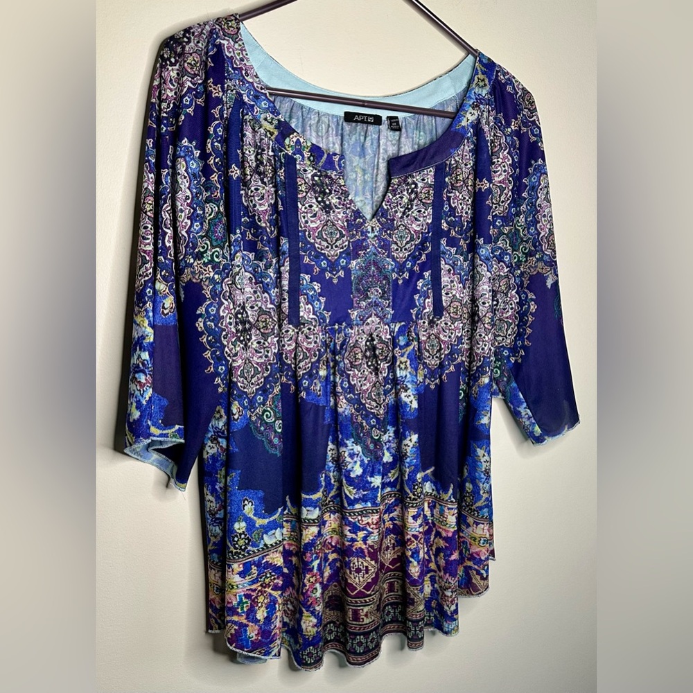 Apt 9 Boho Beaded Print Blouse Women’s 0X – Blue Purple Paisley Top - Picture 2 of 6